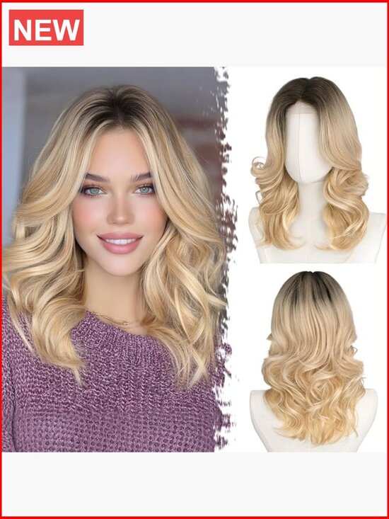 Shoulder Length Wavy Layered Wig with Curtain Bangs Synthetic Lace Front main image 6